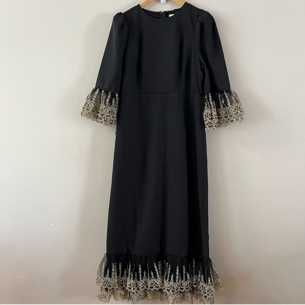 Pomander Place Lillith Black Maxi Dress Small NWT Gold Lace Formal Gala - Picture 4 of 11